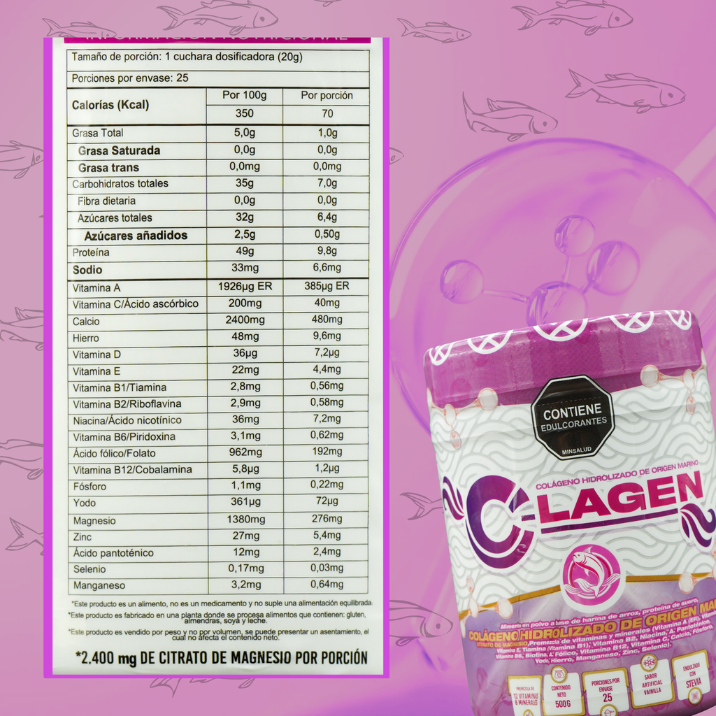 Ingredientes C-LAGEN con colágeno marino y magnesio