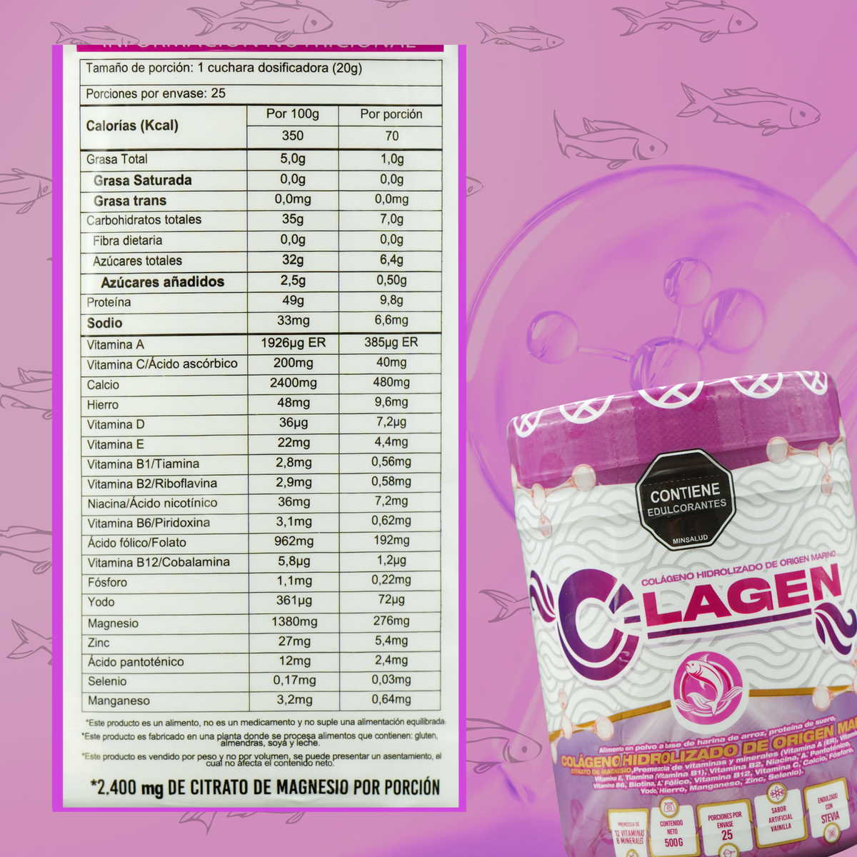Ingredientes C-LAGEN con colágeno marino y magnesio